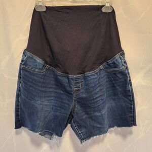 Isabel Maternity Skinny Denim Shorts Size‎ 12/31R Blue Crossover Panel Raw Hem